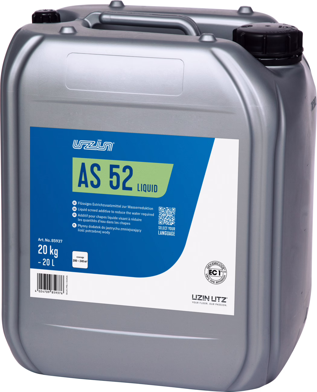UZIN_Dummy_AS 52 Liquid-20kg_2025-10 Front three-quarter view of a grey plastic jerrycan-style container for construction chemicals. The prominent blue and white label reads 'AS 52 LIQUID' on a green panel and shows the brand logo 'UZIN', descriptive text indicating it is a liquid screed additive to reduce required water, the marking '20 kg ~ 20 L', article number 'Art. No. 85937', a barcode, a QR code and certification marks. The can has an integrated top handle, molded ribs for stability and two black screw caps; the surface is slightly glossy with a fine texture. The product is photographed on a white background, emphasizing the packaging, capacity and intended professional use.