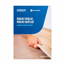 Grafik des Folders für Parkettböden. Oben links befindet sich das UZIN-Logo, rechts daneben das Logo von Pallmann. Der Slogan 'Perfekt verlegt, perfekt gepflegt' steht prominent in der Mitte. Darunter steht 'Die Komplettlösung für Ihr Parkett'. Im unteren Bereich der Grafik ist eine Nahaufnahme von Händen zu sehen, die gerade einen Parkettboden verlegen.