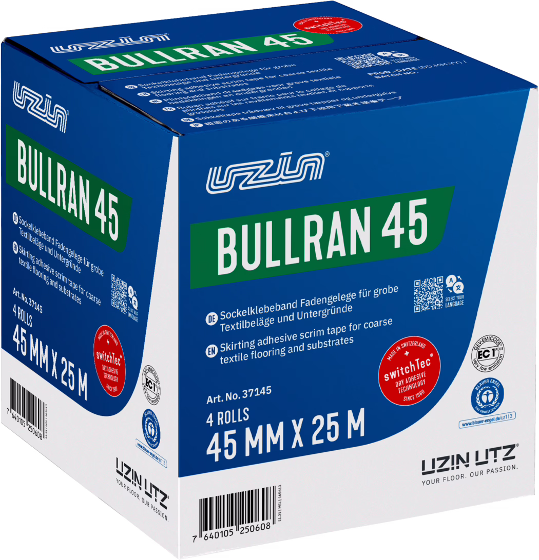 UZIN_Dummy_Bullran 45-carton_2022-01 Studio photograph of a blue and white cardboard box for 'BULLRAN 45' skirting adhesive scrim tape by UZIN UTZ. The front and side faces show a green banner with the product name 'BULLRAN 45' in large white letters, technical descriptions in German and English, and a red 'switchTec' seal. Packaging information printed includes '4 ROLLS', '45 MM X 25 M', article number 37145, a barcode, QR code and several certification logos. The box is shown at a slight angle, with bold sans-serif typography, high-contrast colors and even studio lighting; the image emphasizes the branding, dimensions and product labels.