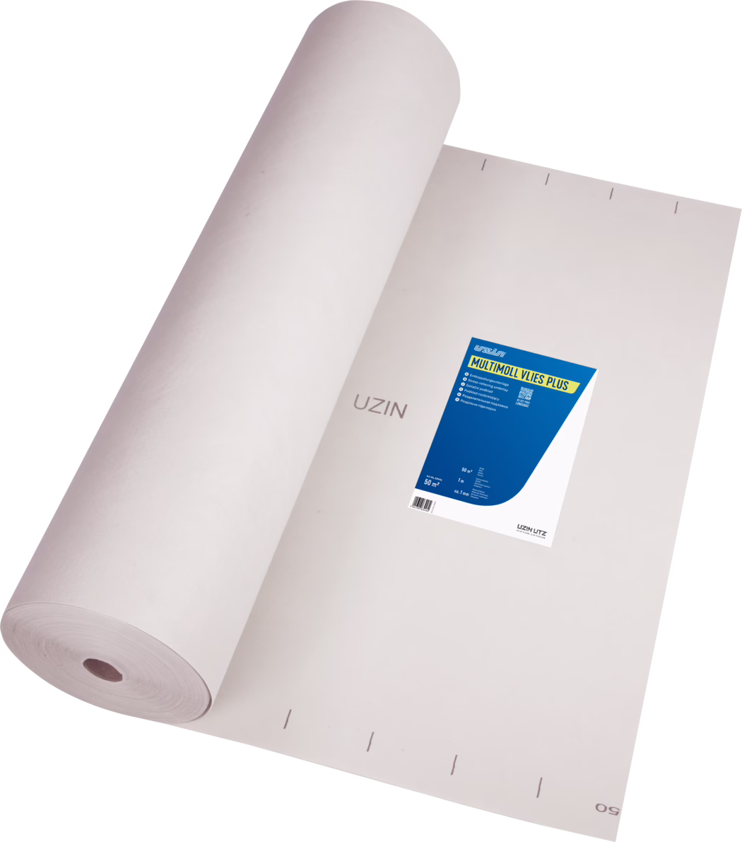 Photograph of a large roll of white-beige fibrous underlay material partially unrolled on a white background. The heavy roll shows a visible cardboard core and a smooth, slightly textured fleece surface. A blue-and-yellow product label with the brand name UZIN and the text 'MULTIMOLL VLIES PLUS' is affixed near the center of the unrolled sheet. Short printed alignment marks and the printed brand name 'UZIN' appear on the sheet. The image is a studio-style product shot with even lighting and minimal shadows, intended to show the material, texture and labeling for flooring underlayment and acoustic insulation use.