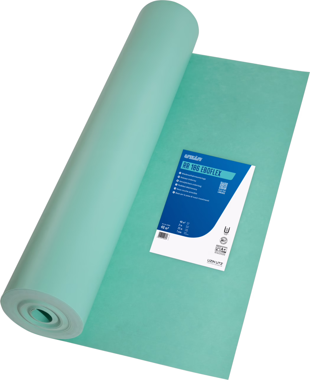UZIN_Dummy_RR 186 Eboflex_2024-05 A large roll of turquoise-green underlay material is photographed from an angled top view on a white background. The sheet is partially unrolled, showing a smooth, slightly matte surface and the tightly coiled core at the lower left. A blue and white product label is affixed to the exposed area of the sheet; the label displays a product name, technical specifications and icons, and a small QR code. The visible text on the label includes a model code and measurements indicating coverage and thickness. Lighting is even and neutral, highlighting the material's uniform color and subtle texture; the composition emphasizes the roll's size and the clean, industrial packaging.