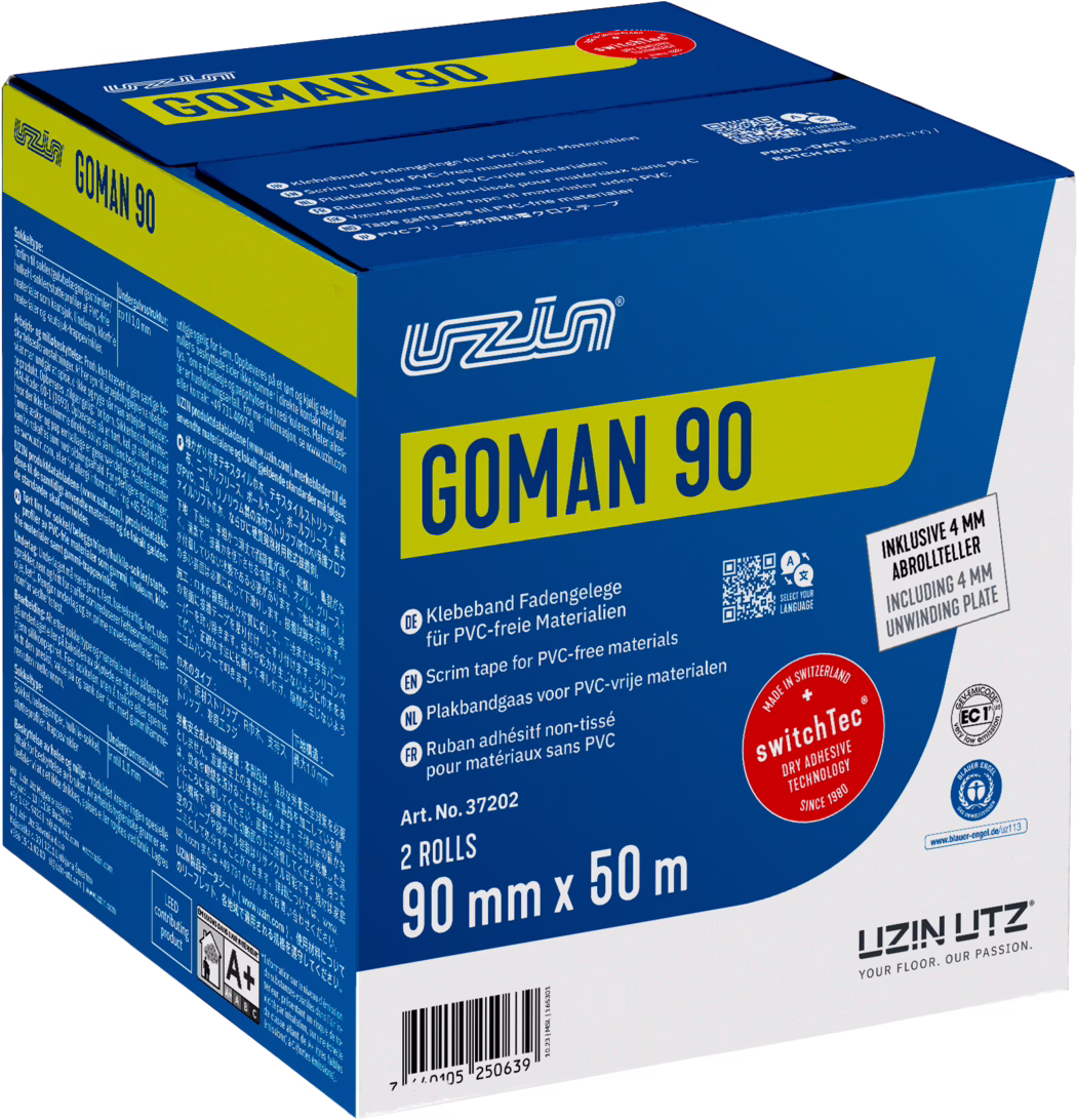 UZIN_Dummy_Goman 90-carton_2024-02 Blue and yellow UZIN UTZ GOMAN 90 product box photographed at a slight angle on a white background, showing the brand logo, prominent product name 'GOMAN 90' and multilingual product information. The front displays that the box contains 2 rolls of scrim tape for PVC-free materials (90 mm x 50 m), includes a 4 mm unwinding plate, certification seals, a barcode and additional usage and safety text on the visible side panels.